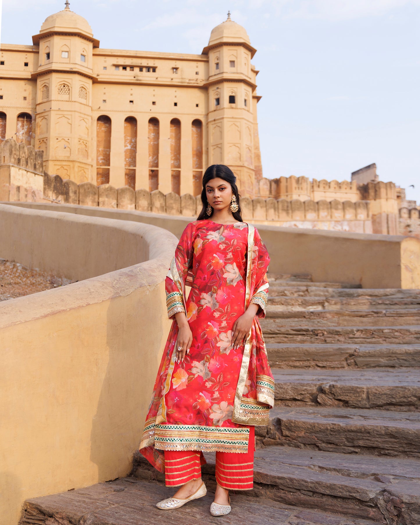 Coral Floral printed Chanderi Kurta Set