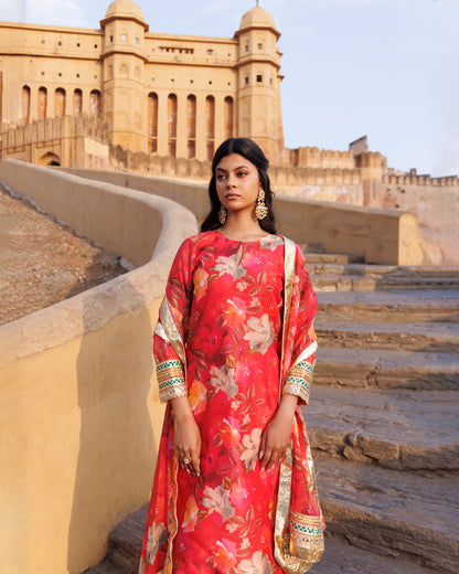 Coral Floral printed Chanderi Kurta Set