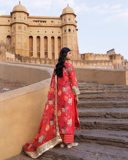 Coral Floral printed Chanderi Kurta Set