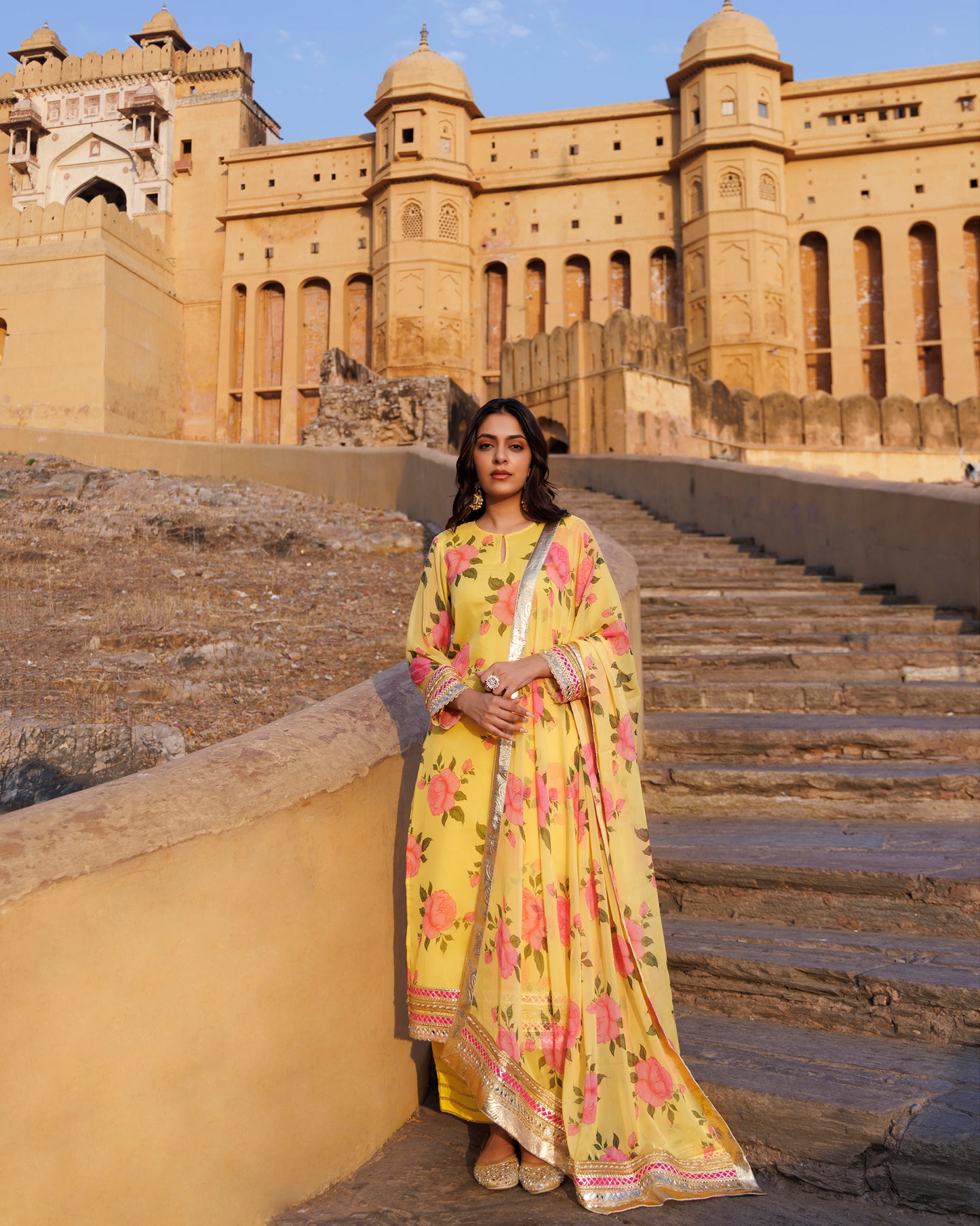 Yellow Floral Printed Chiffon Kurta Set