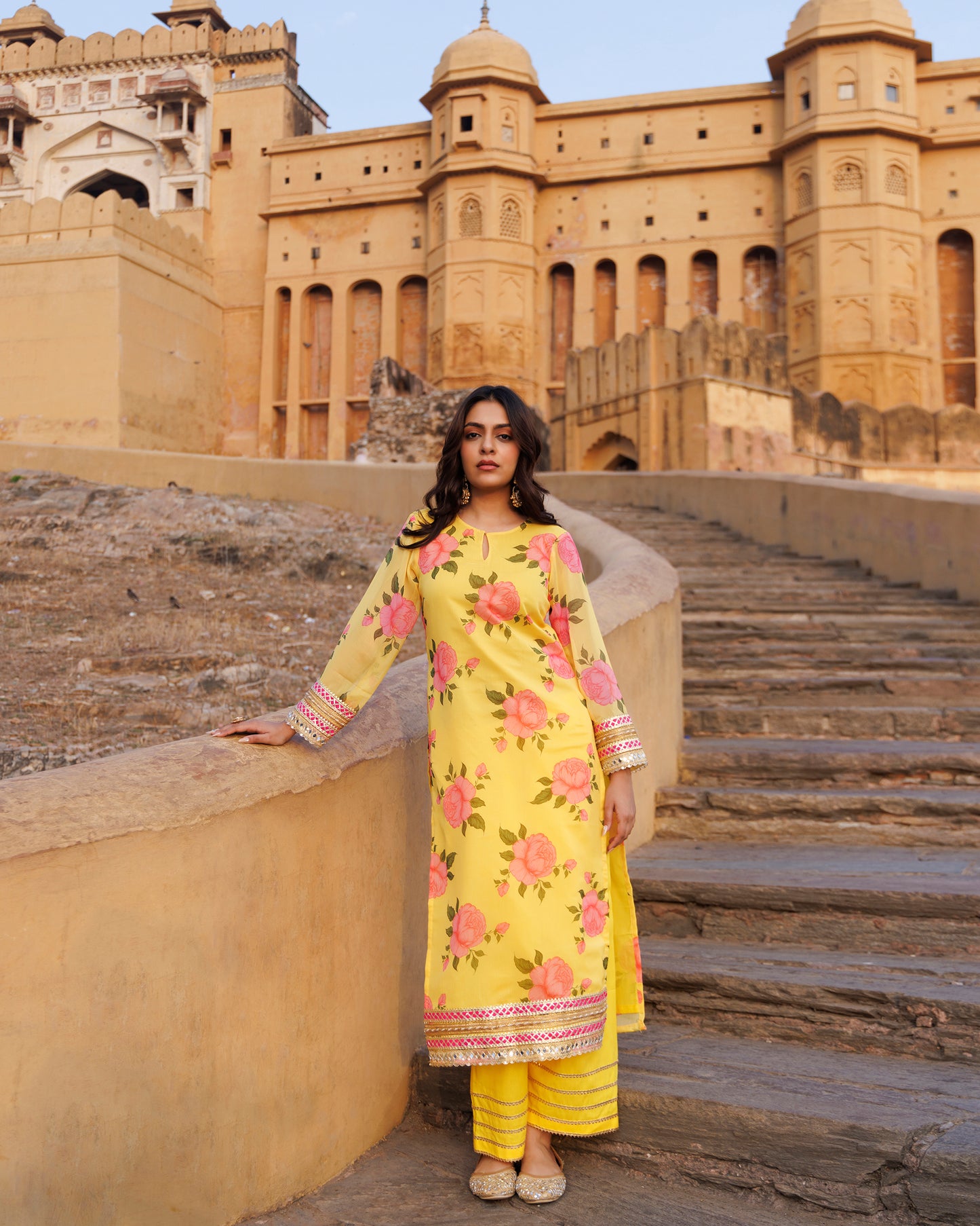 Yellow Floral Printed Chiffon Kurta Set