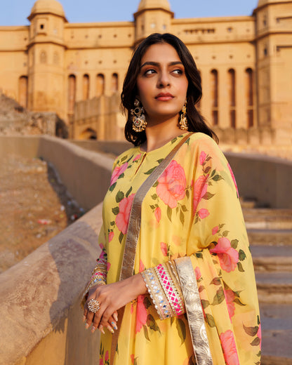 Yellow Floral Printed Chiffon Kurta Set