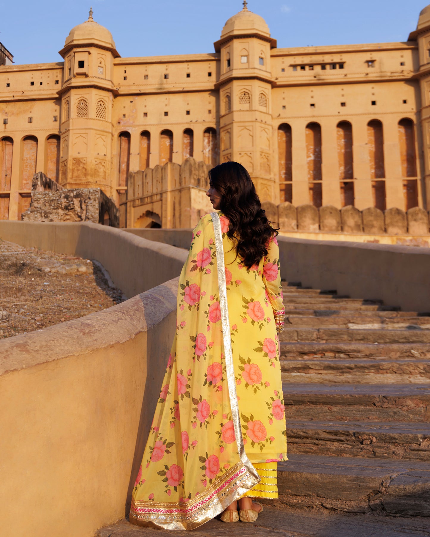 Yellow Floral Printed Chiffon Kurta Set