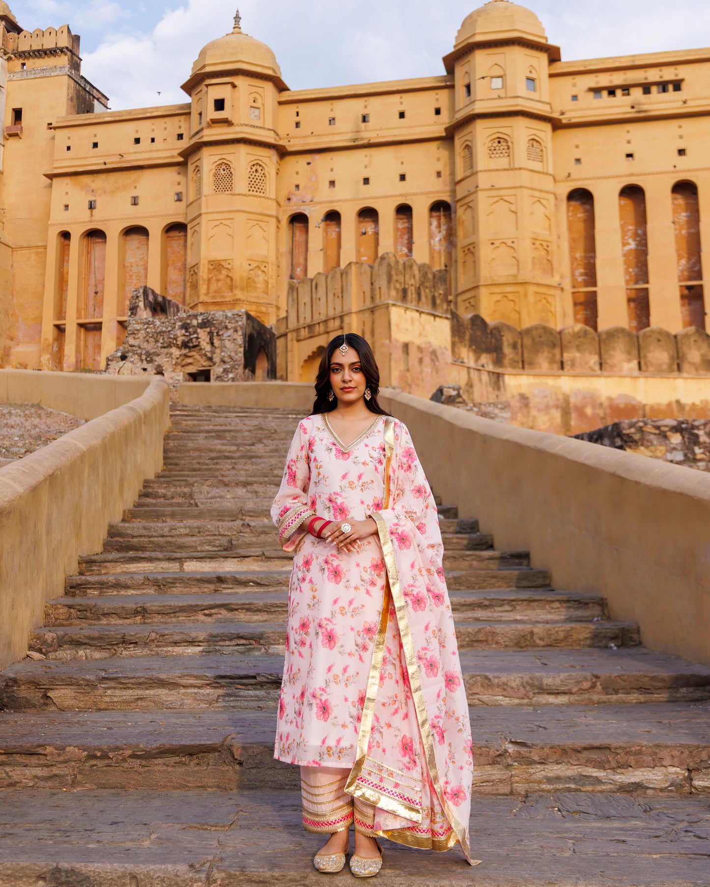 Pink Floral Printed Chanderi Kurta Set