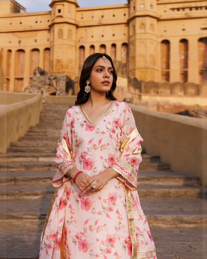Pink Floral Printed Chanderi Kurta Set
