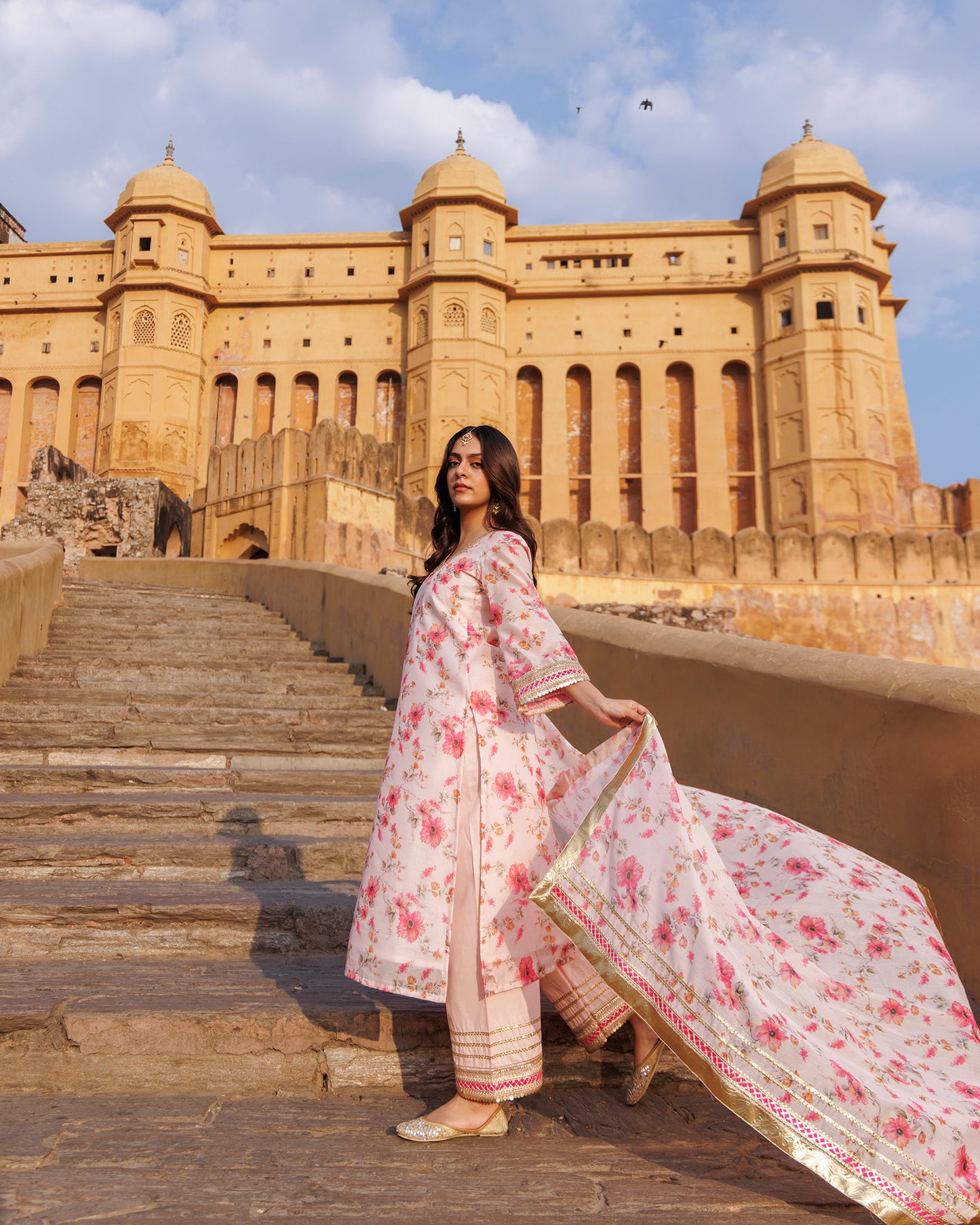 Pink Floral Printed Chanderi Kurta Set