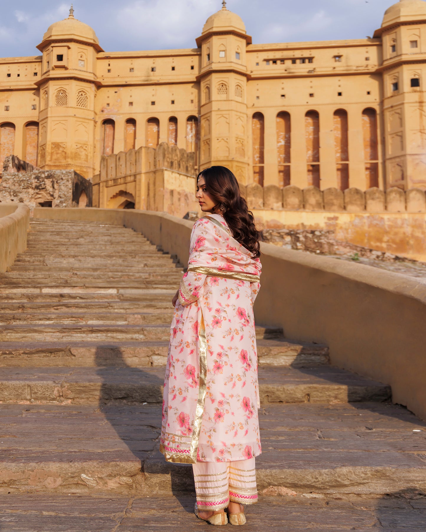 Pink Floral Printed Chanderi Kurta Set