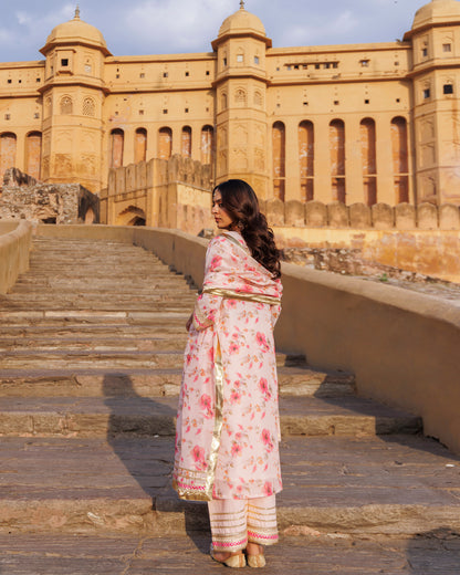 Pink Floral Printed Chanderi Kurta Set