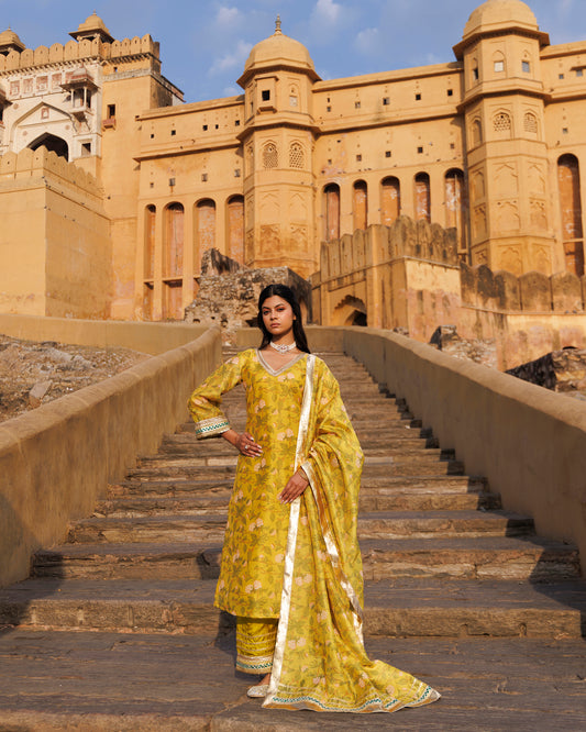 Olive Yellow Chanderi Kurta Set