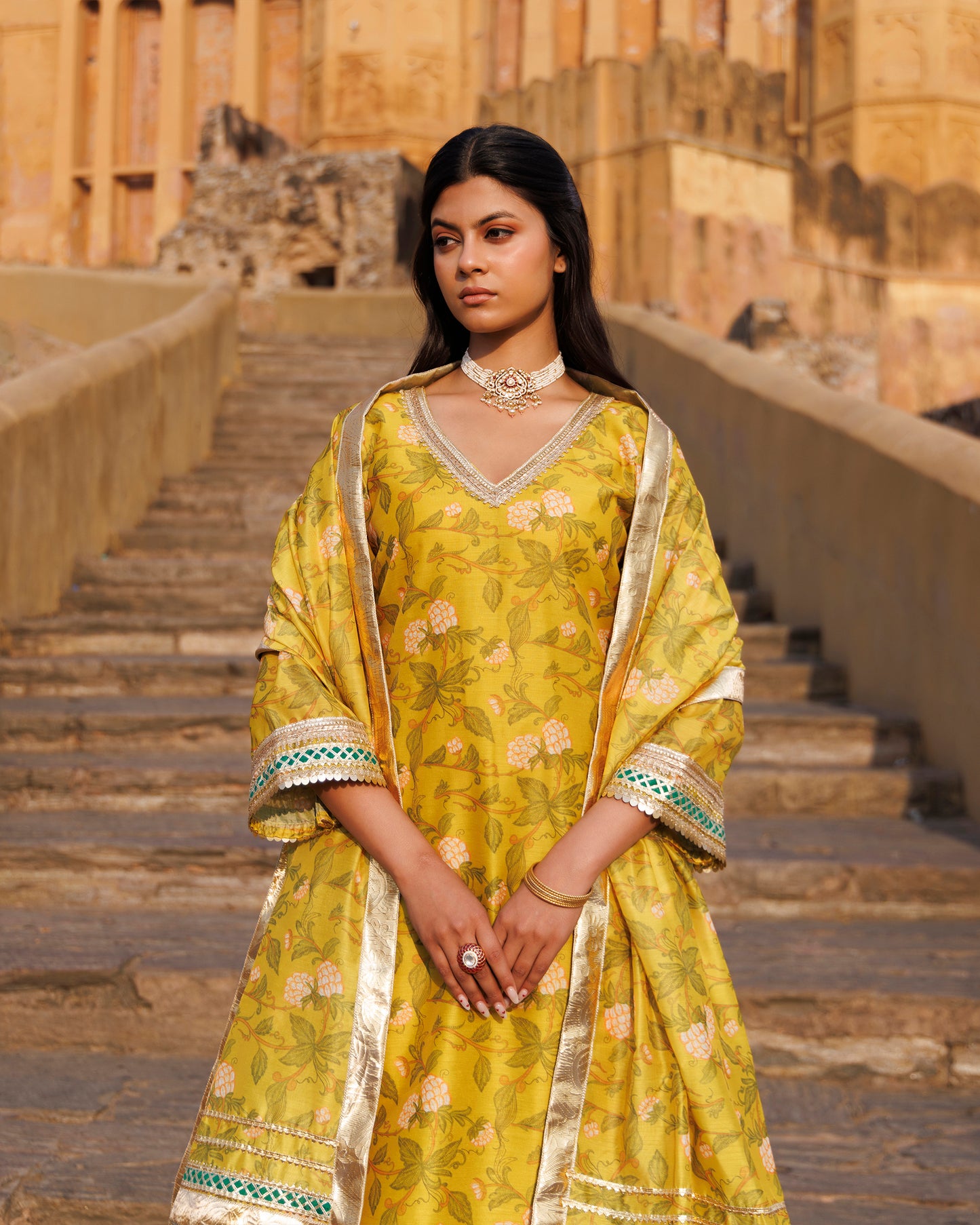 Olive Yellow Chanderi Kurta Set