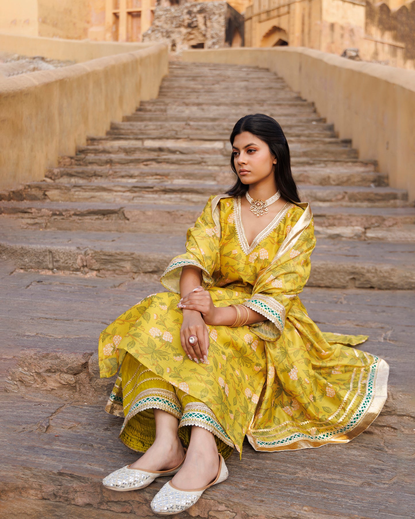 Olive Yellow Chanderi Kurta Set