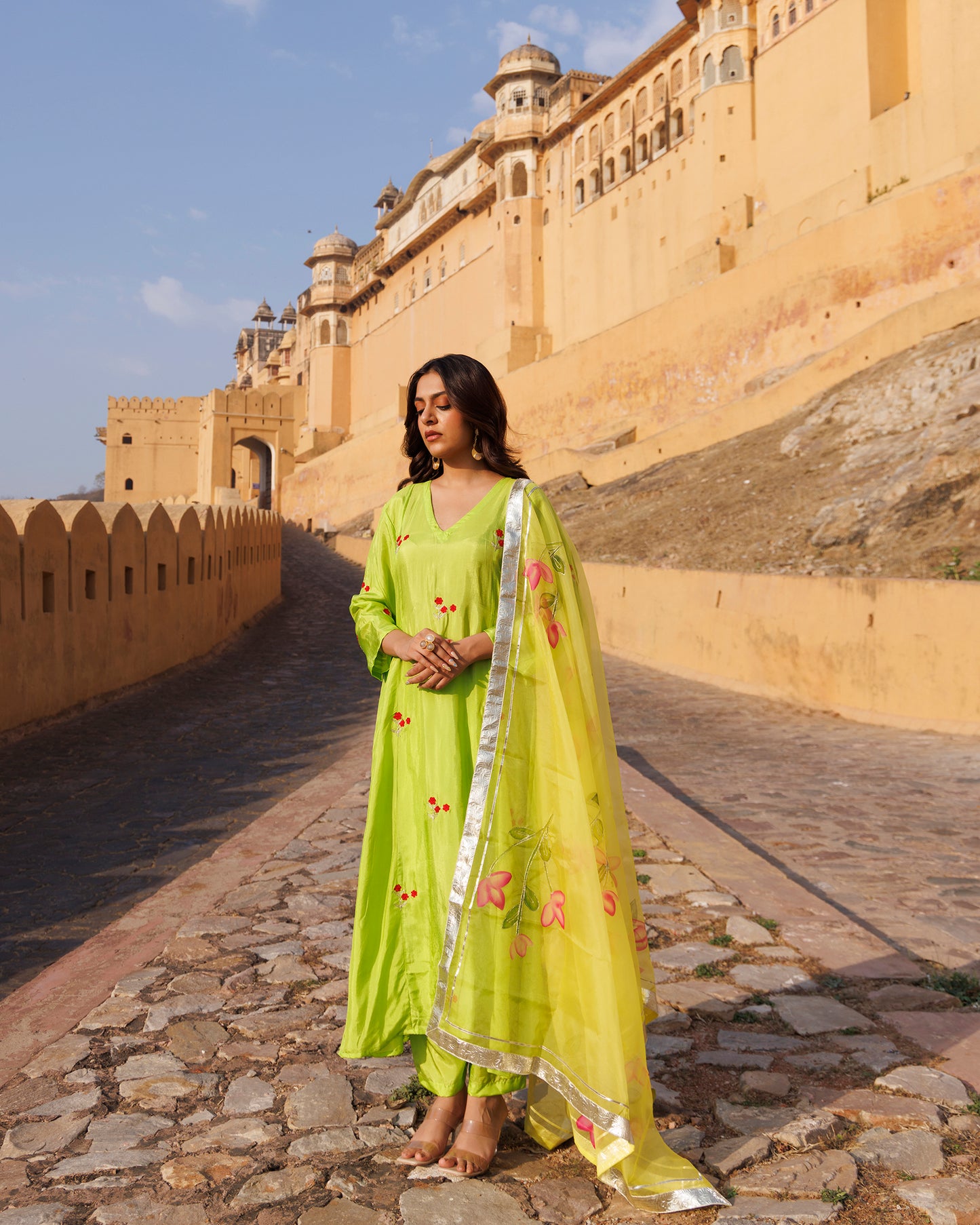 Aam Panna Uppada silk Kurta Set With Hand- Painted Dupatta