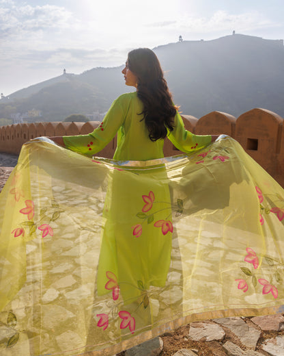 Aam Panna Uppada silk Kurta Set With Hand- Painted Dupatta