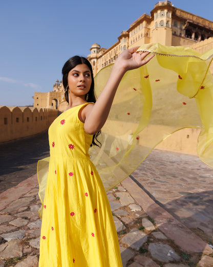 Kesar Gul Chanderi  Anarkali Set