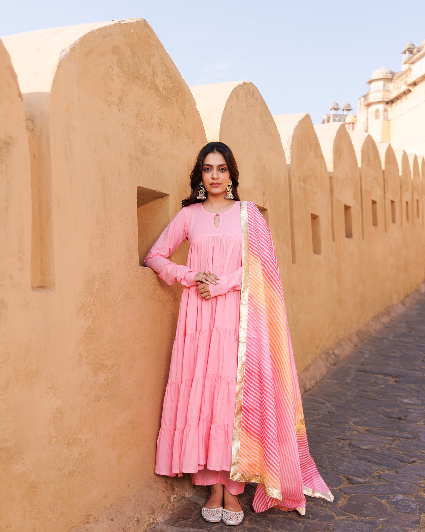 Pink Flared Cotton Anarkali Set