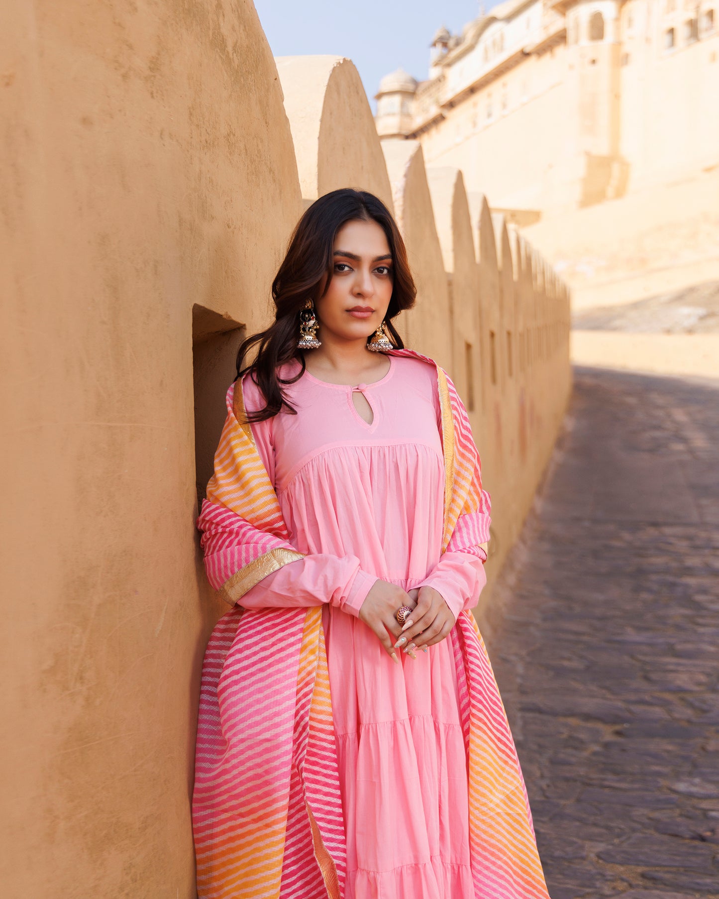 Pink Flared Cotton Anarkali Set