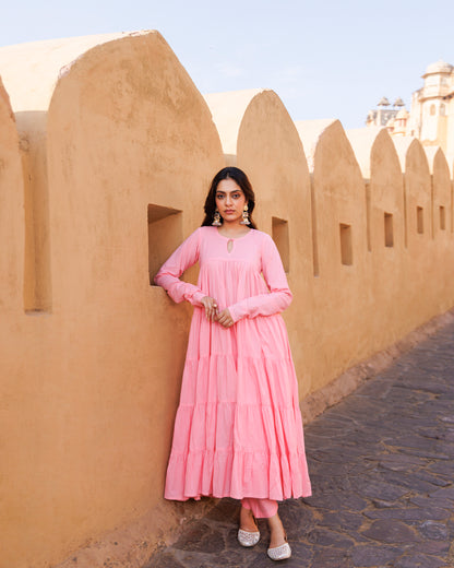 Pink Flared Cotton Anarkali Set