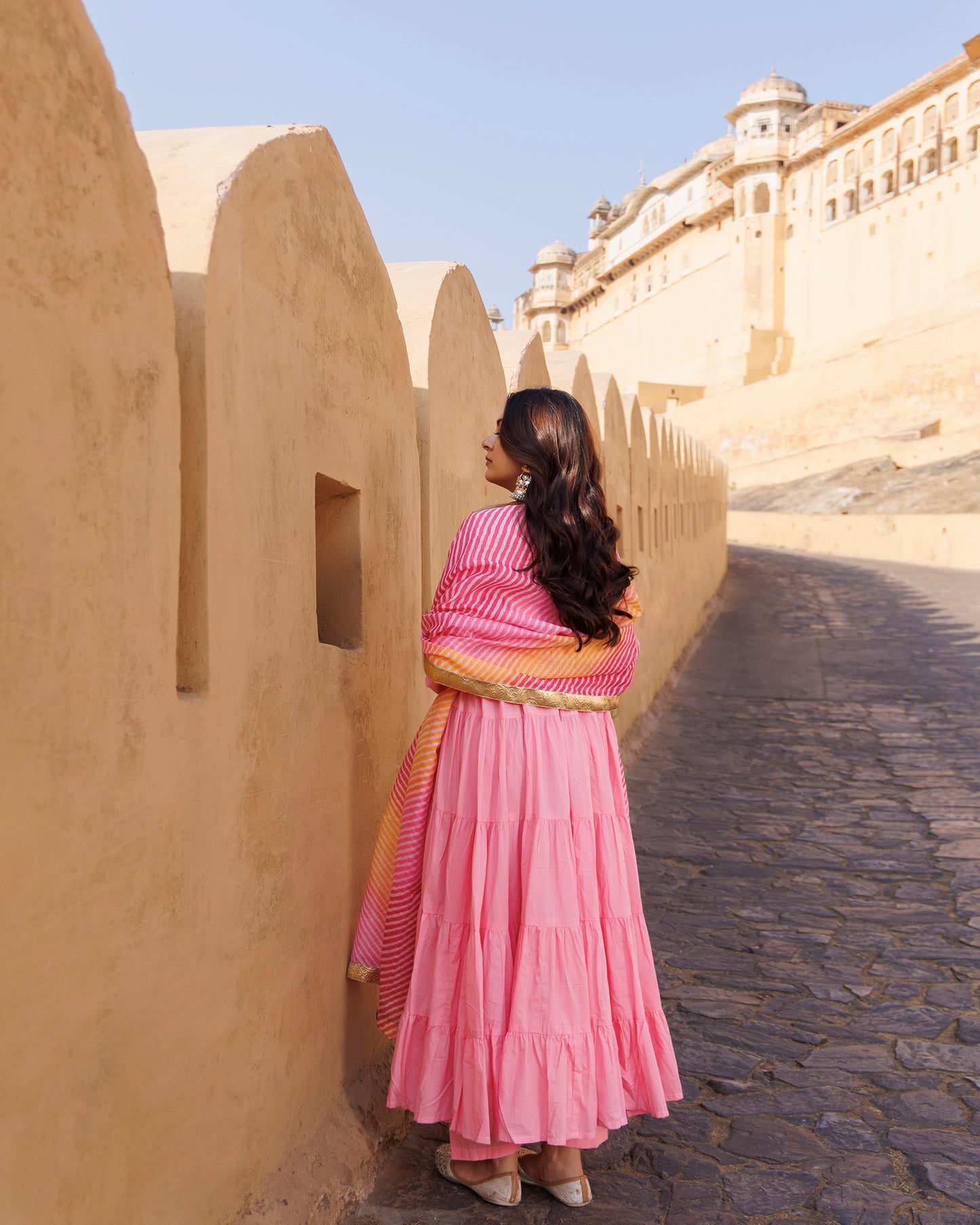 Pink Flared Cotton Anarkali Set