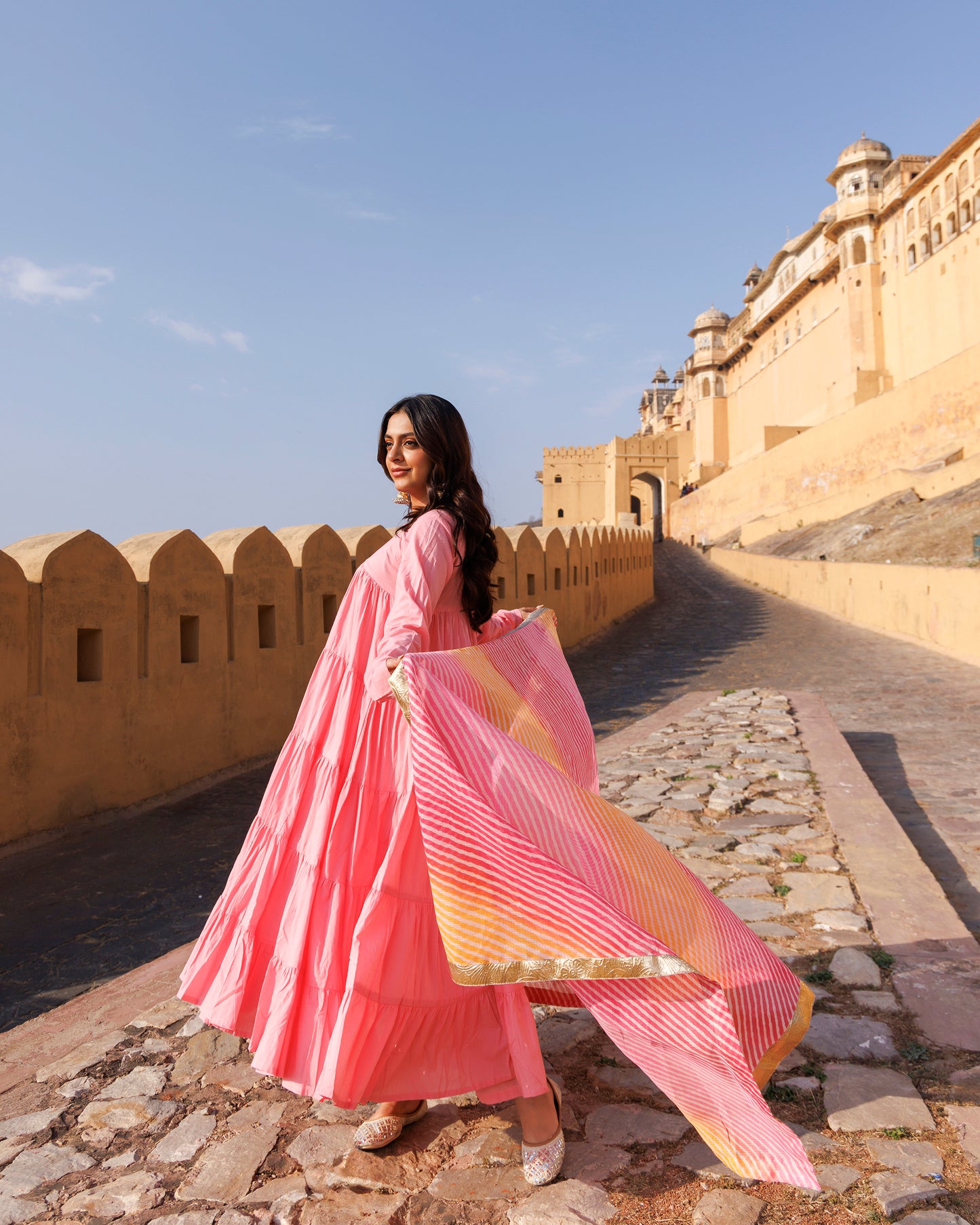 Pink Flared Cotton Anarkali Set