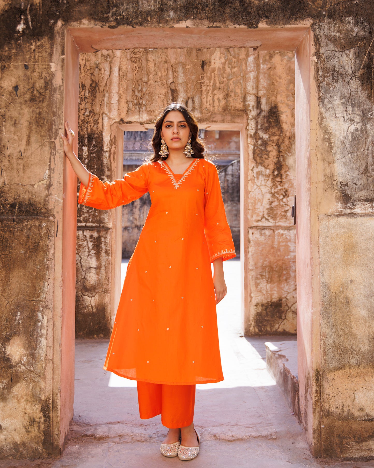 Orange Embroidered Kurta Set
