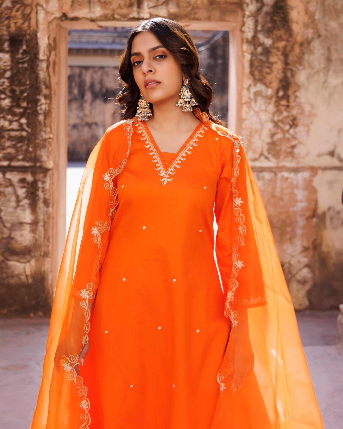 Orange Embroidered Kurta Set
