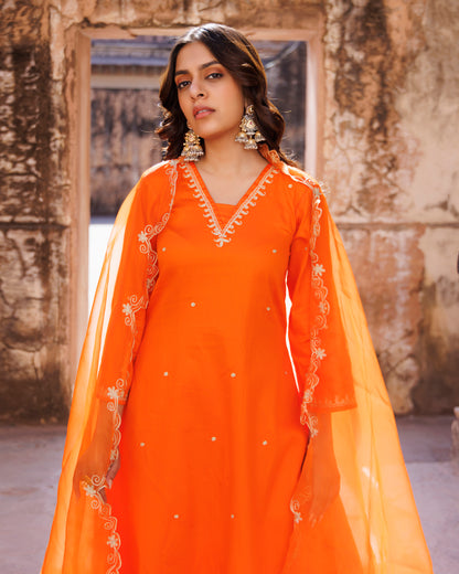 Orange Embroidered Kurta Set