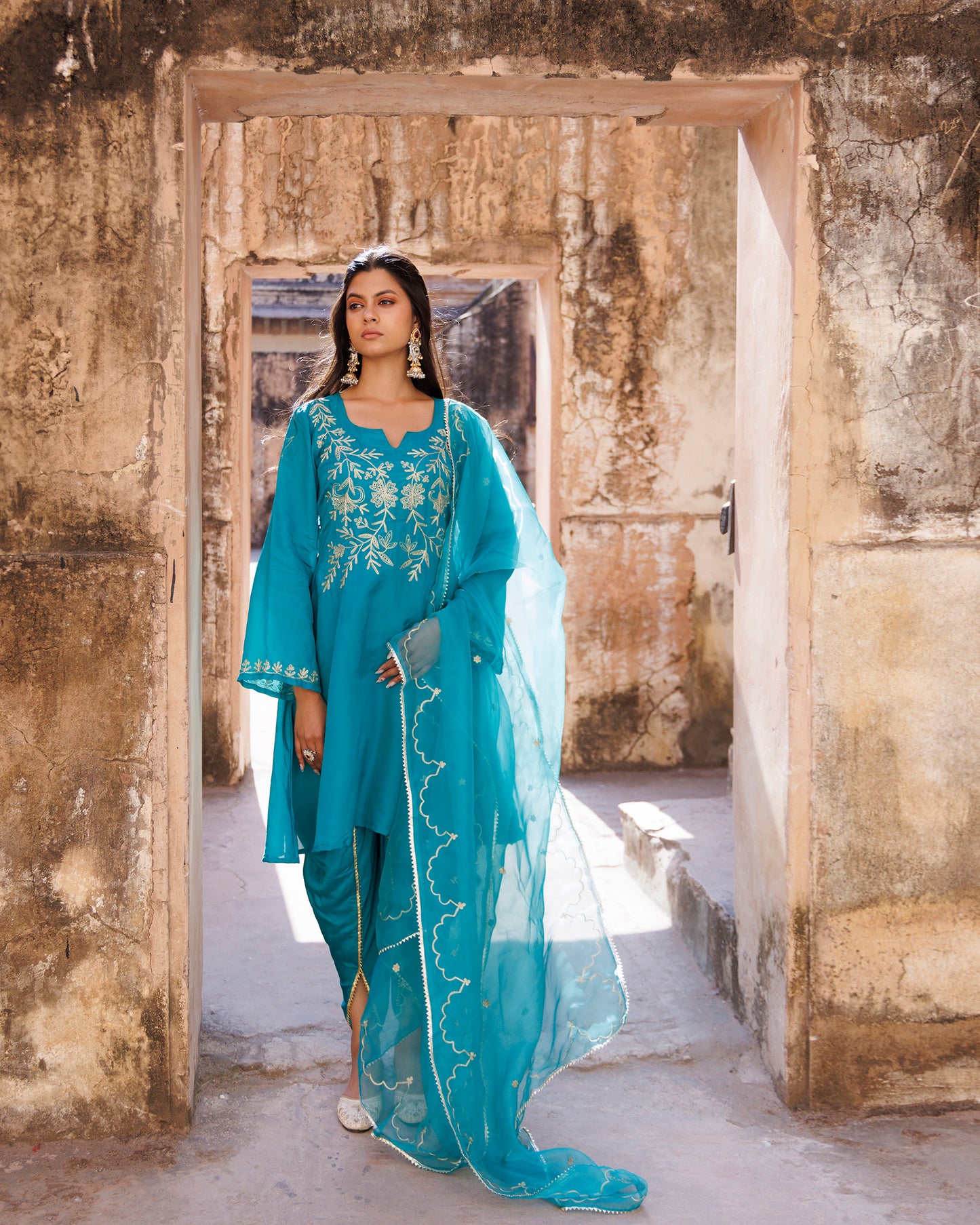 Teal Green Embroidered Dhoti Set