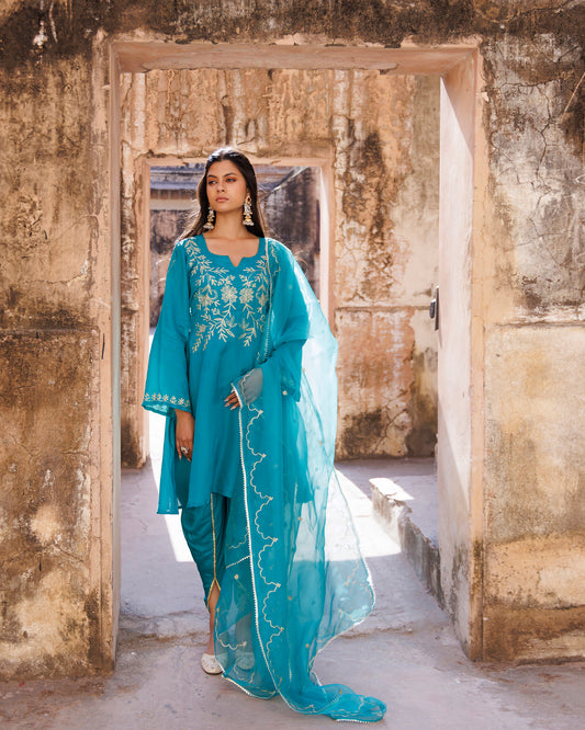 Teal Green Embroidered Dhoti Set