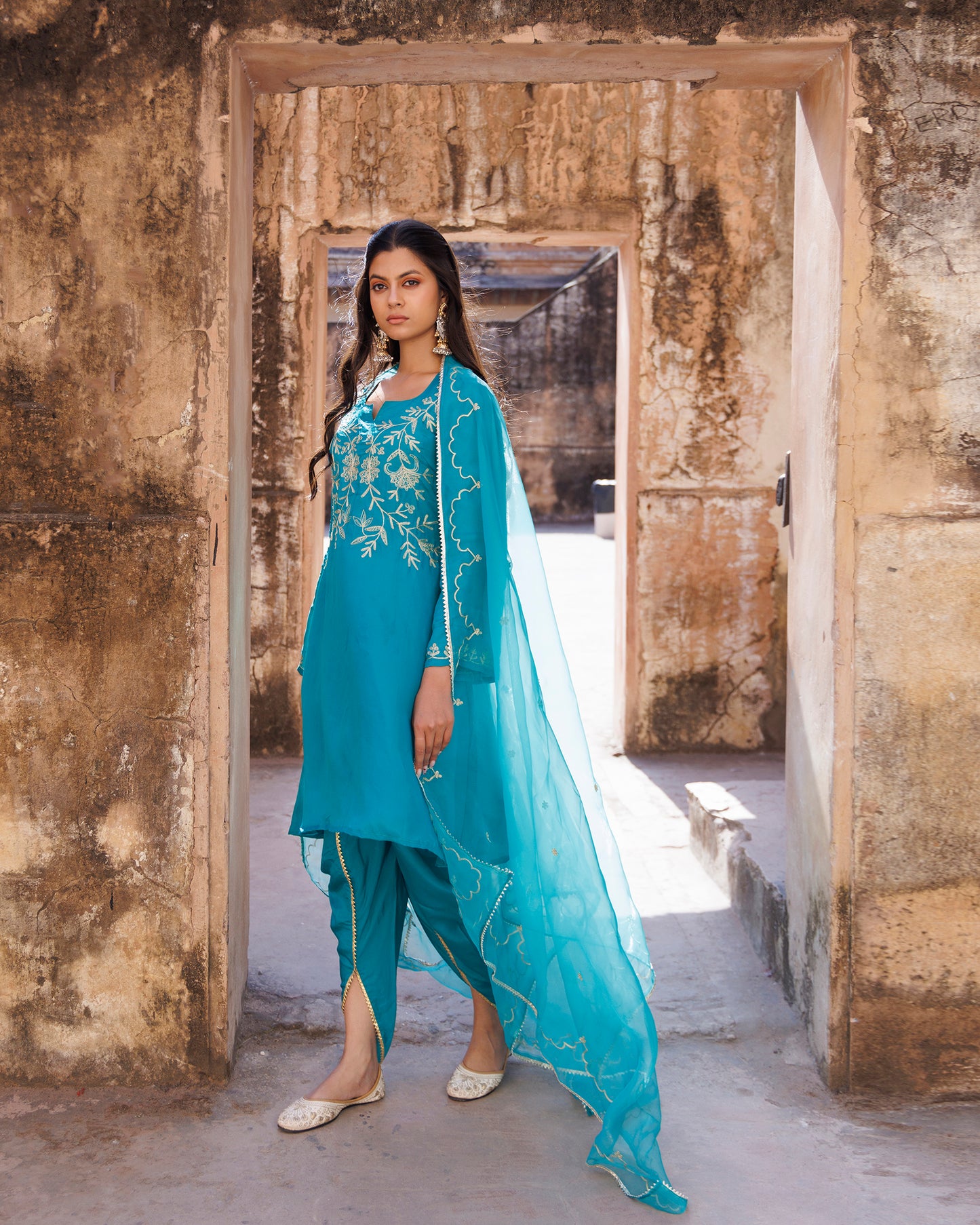 Teal Green Embroidered Dhoti Set