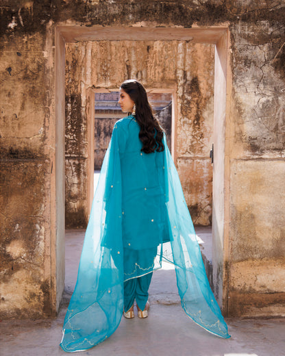 Teal Green Embroidered Dhoti Set