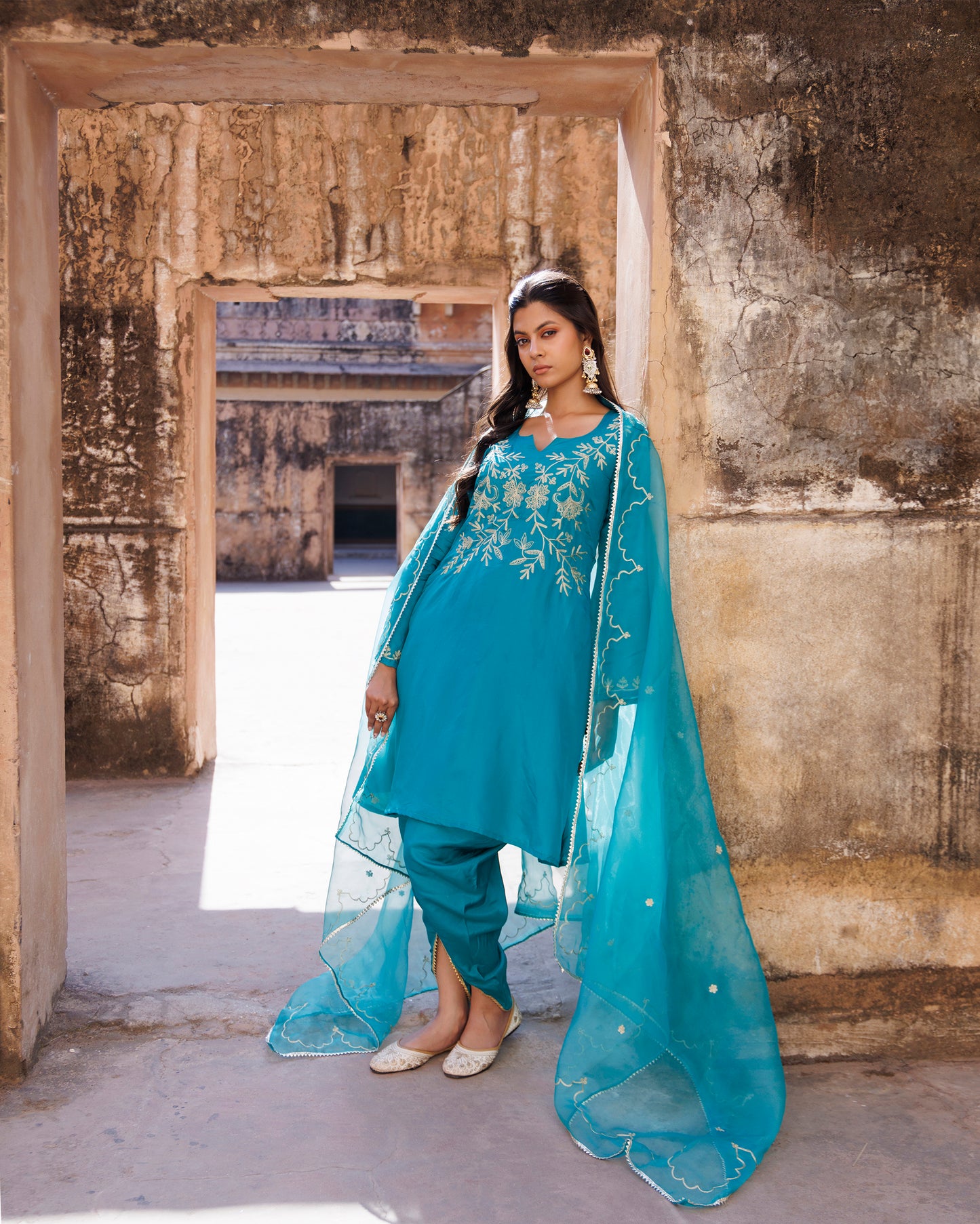 Teal Green Embroidered Dhoti Set