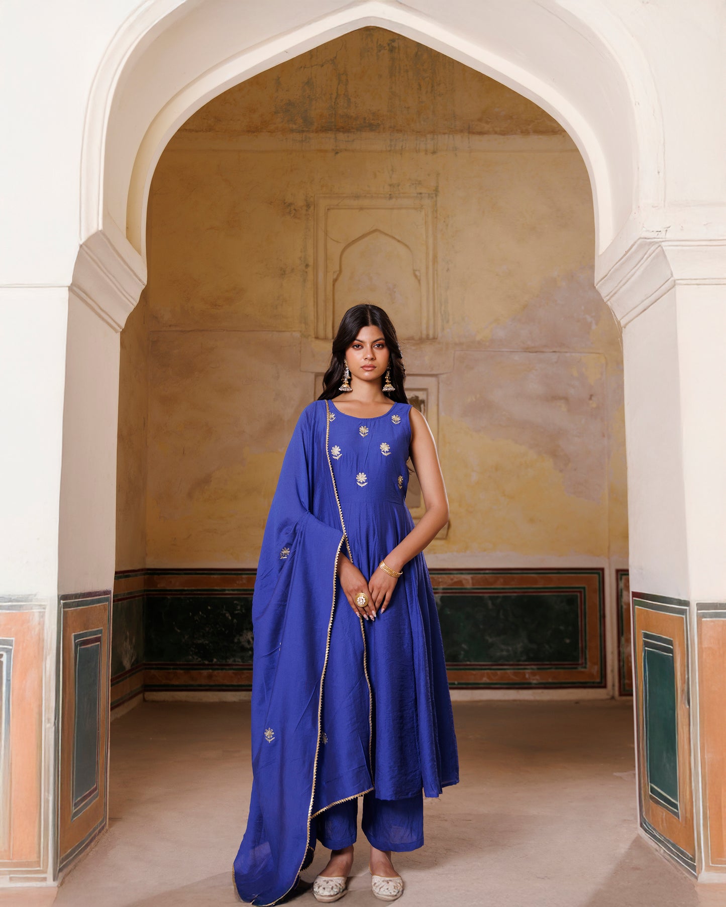 Blue Embroidered chanderi Anarkali Set
