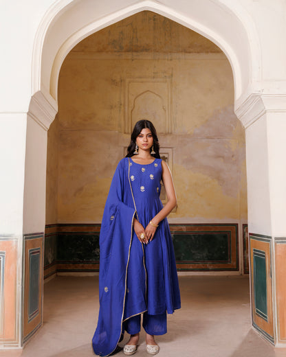 Blue Embroidered chanderi Anarkali Set
