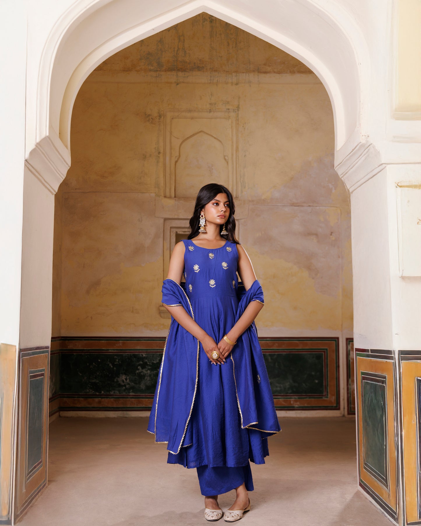 Blue Embroidered chanderi Anarkali Set