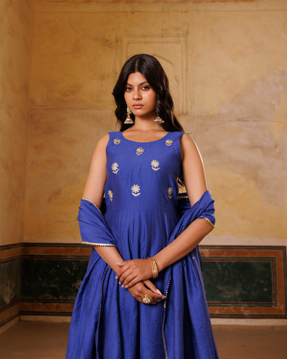 Blue Embroidered chanderi Anarkali Set