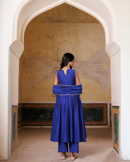 Blue Embroidered chanderi Anarkali Set