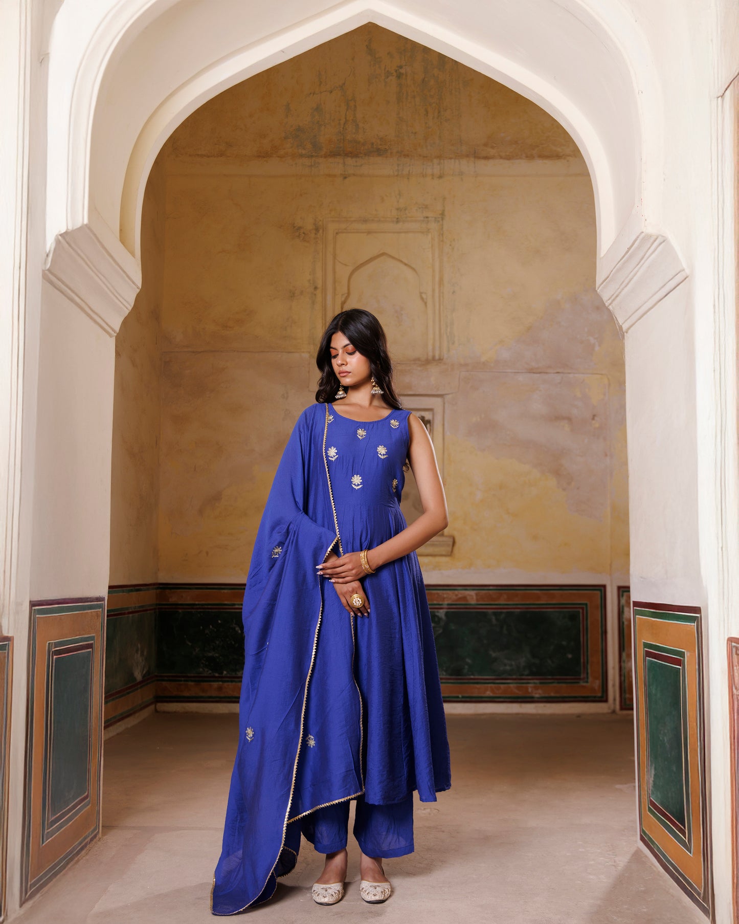 Blue Embroidered chanderi Anarkali Set