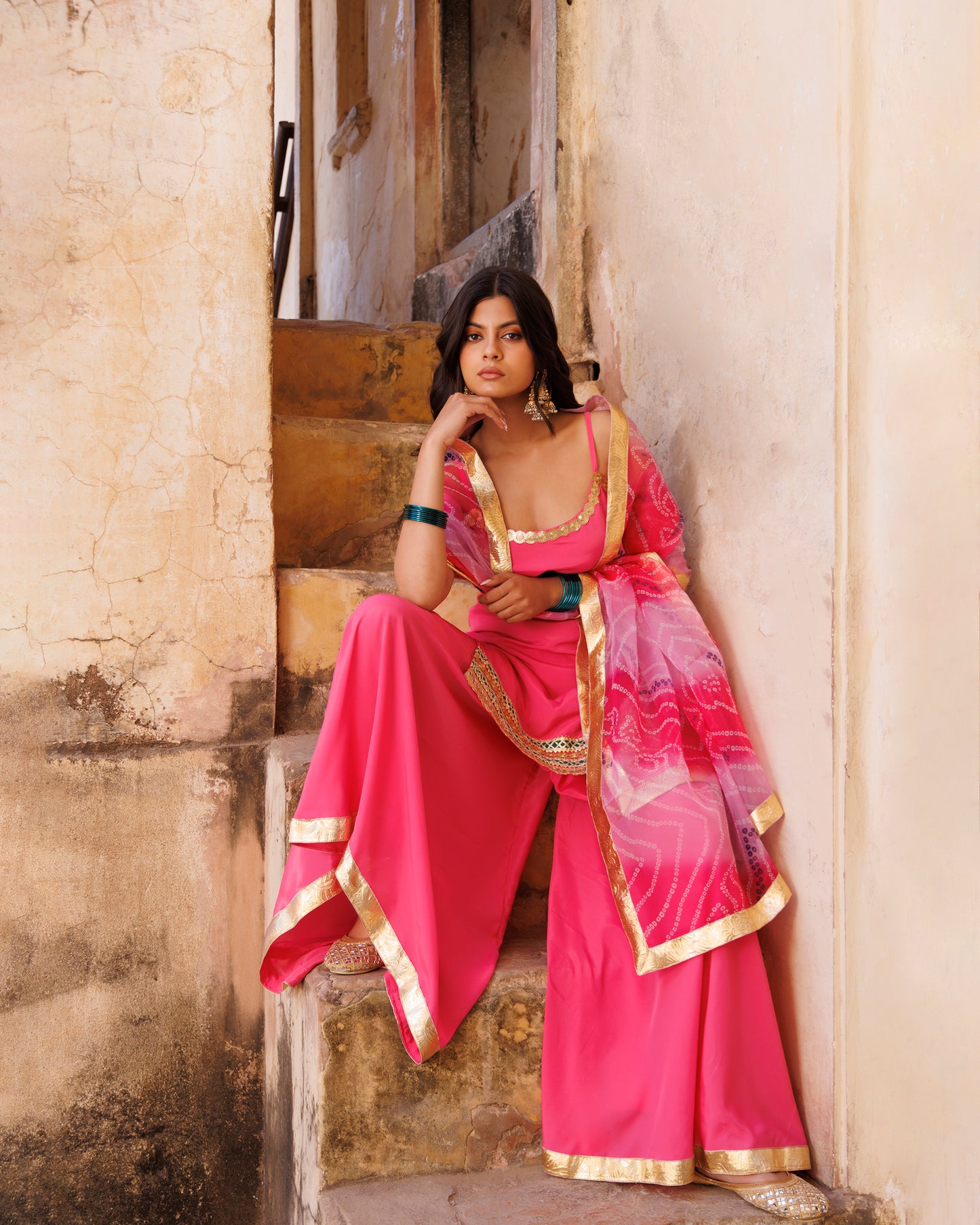 Pink Crepe Strappy Sharara Set