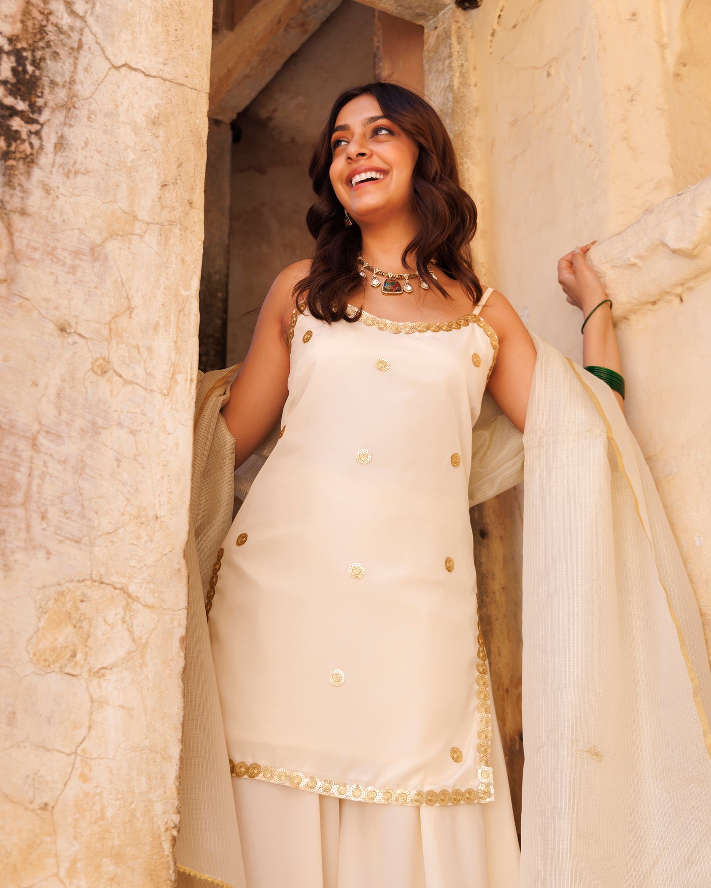 Ivory Crepe Strappy Sharara Set