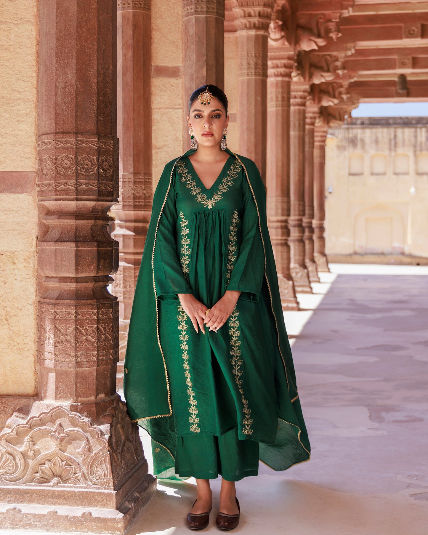 Green Chanderi Aari Embroidered Suit Set
