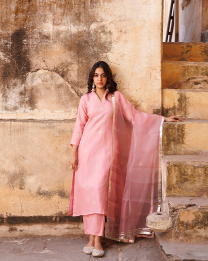 Pink Uppada Silk Aari Embroidered Kurta Set