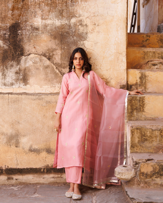 Pink Uppada Silk Aari Embroidered Kurta Set
