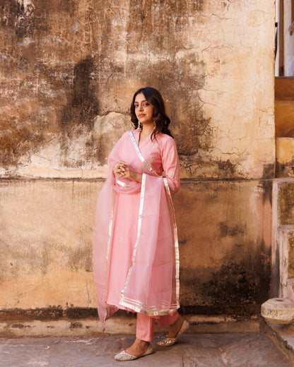Pink Uppada Silk Aari Embroidered Kurta Set