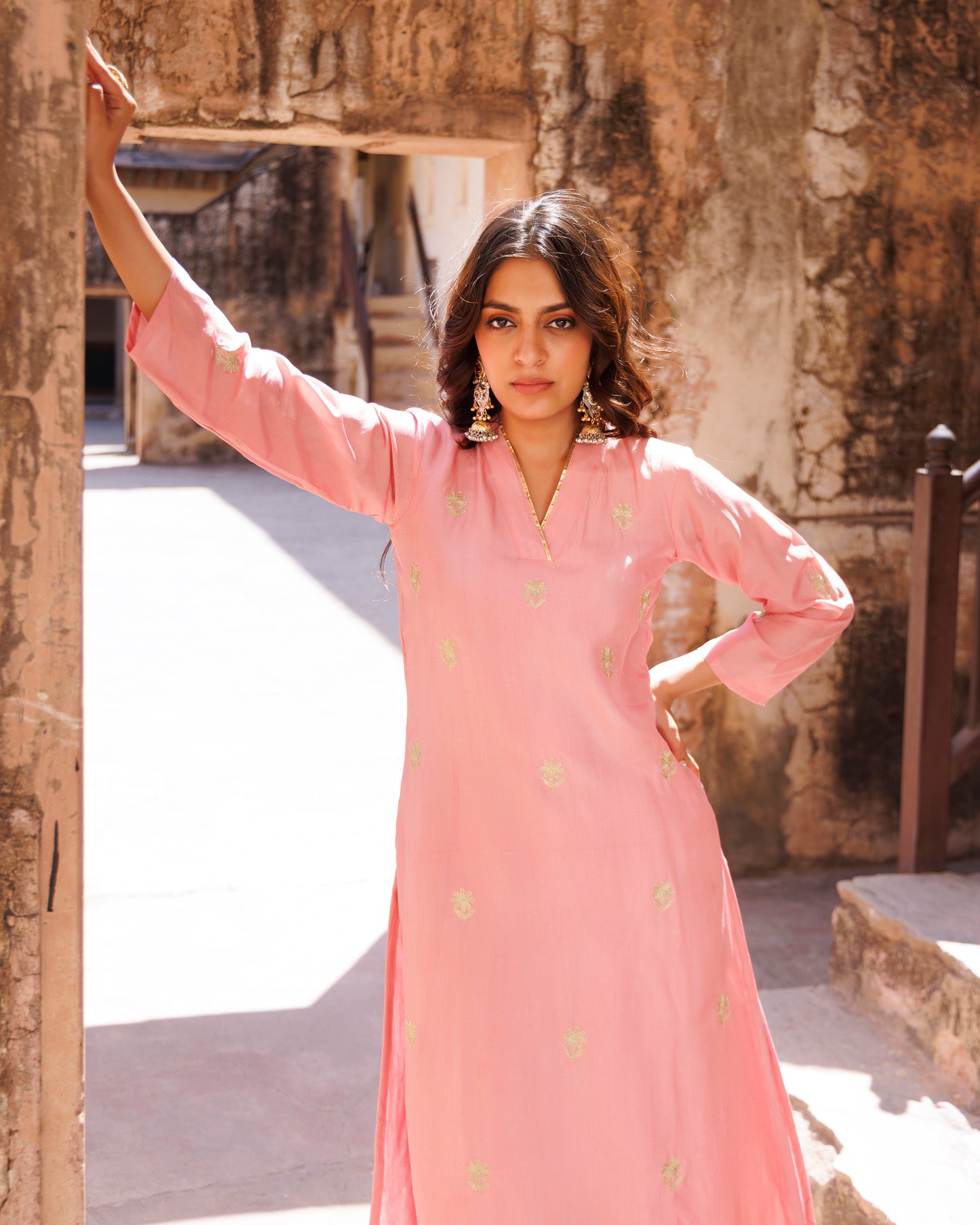 Pink Uppada Silk Aari Embroidered Kurta Set