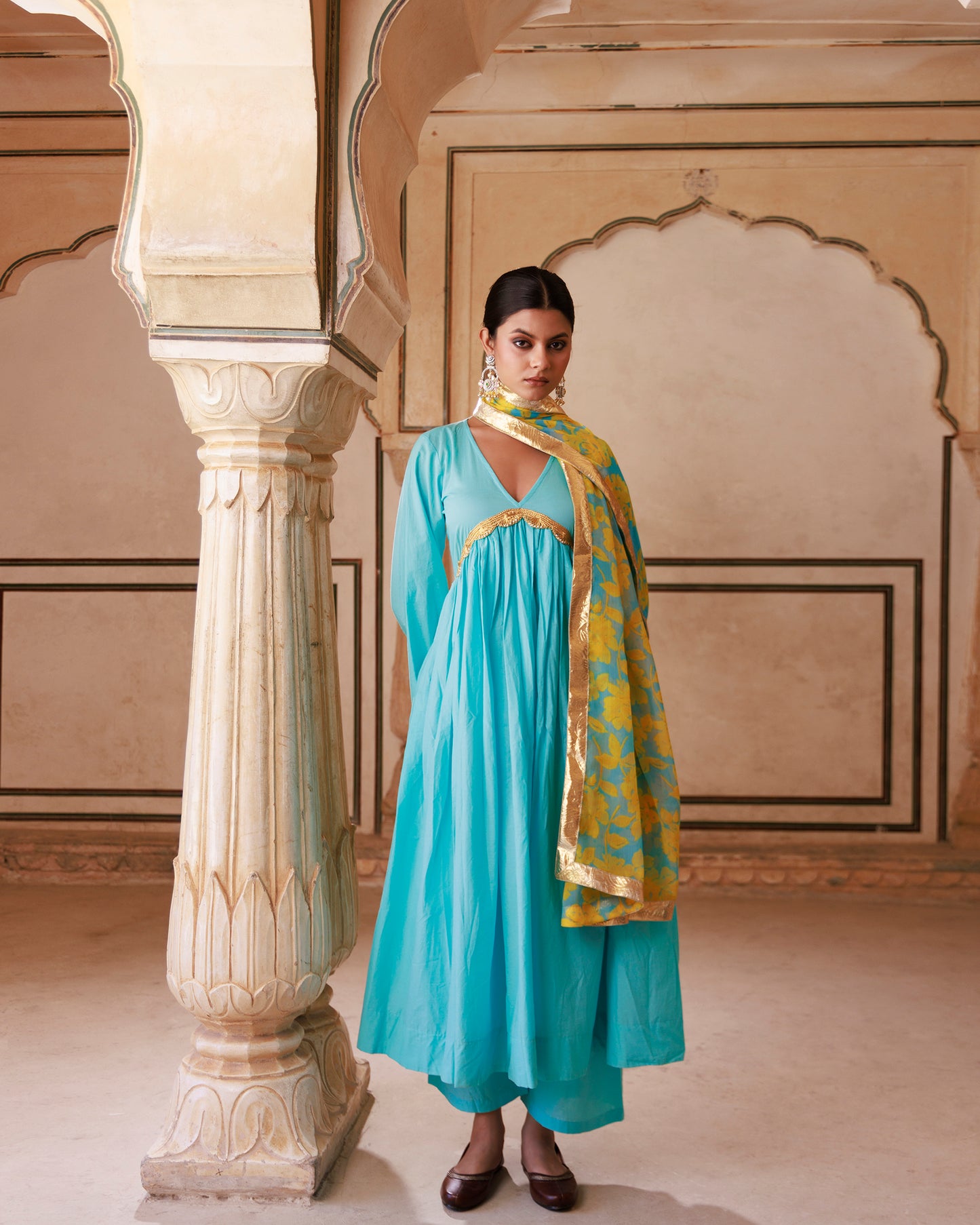 Blue Cotton Anarkali Set With Chiffon Dupatta