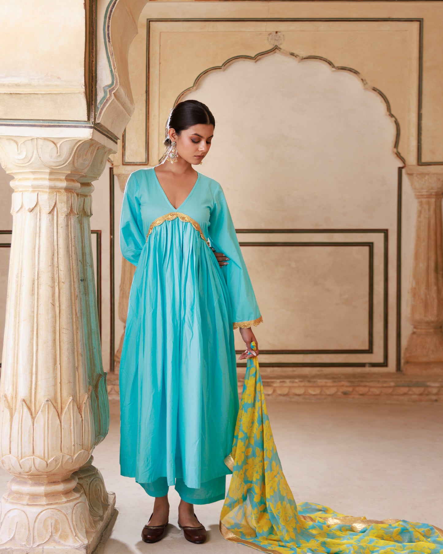 Blue Cotton Anarkali Set With Chiffon Dupatta
