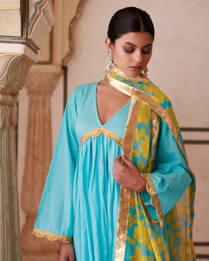 Blue Cotton Anarkali Set With Chiffon Dupatta