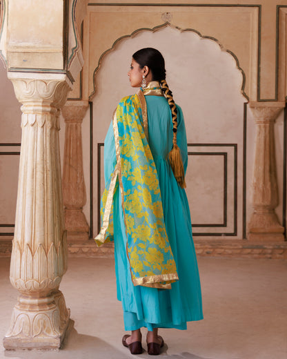 Blue Cotton Anarkali Set With Chiffon Dupatta