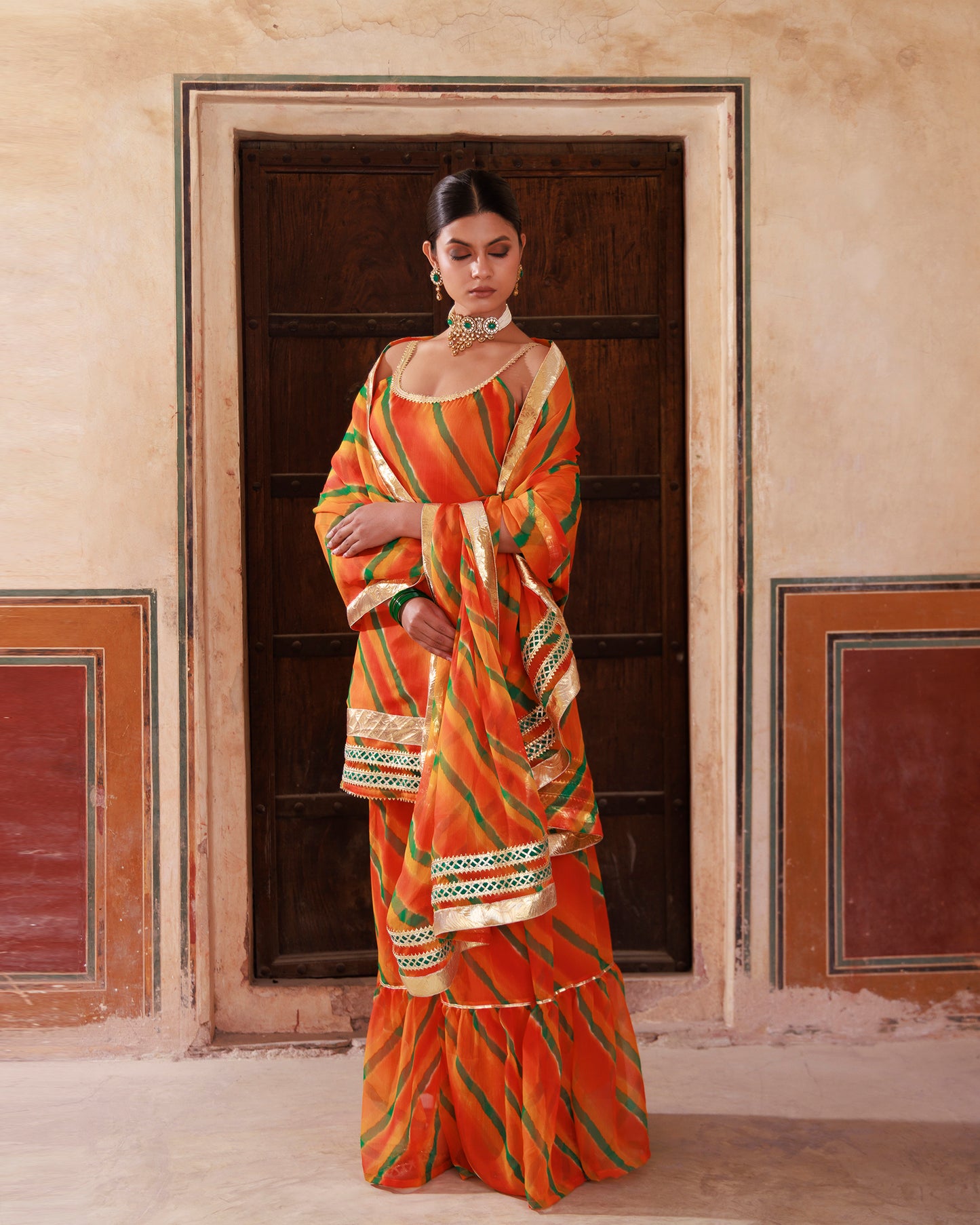 Orange Chiffon Strappy Sharara Set