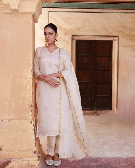 Ivory Gold Embroidered Tissue Kurta Set